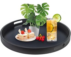 Ronde Zwarte Dienblad (50 cm) van Hout met Handvatten - Decoratieve Salontafel en Ottomaan Tray