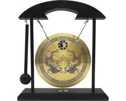 Ronte - Tafelgong Zen Decoratie Houten Voet Thuiskantoor Woonkamer - Koper Houten Gong - Dubbele Draken - Meditatie Feng Shui stijl