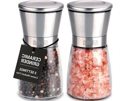 Ronte - Zout en pepermolen Set RVS - Glazen lichaam - Instelbare korrelgrootte - Keuken en restaurant - Deksel - Fijn tot grof malen