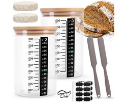 Ronte - Zuurdeeg starterset met fermentatieglas, houten deksel en accessoires voor broodbakken - incl. temperatuursticker - fermenteren en bakken van brood met zuurdesem, stoffen hoed en schraper - compleet set.