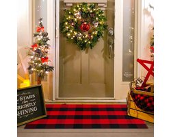 Rood-wit geblokt vloerkleed - 50*80 cm - Herfst deurmat - 100% katoen, wasbaar - Handgeweven deurmat - Geschikt voor meerlaagse deurmatten - Portiek/entree mat