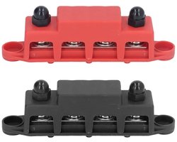 Rood Zwart Stroomverdeling Blok M8 48V 250A 4 Terminal Bus Bar Met Messing Bord - Set van 2, Brede Toepassing Voor Dc Voedingssystemen