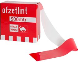 Rood/wit afzetlint in dispenserdoos 500 meter lang, rekt niet en is extreem sterk.