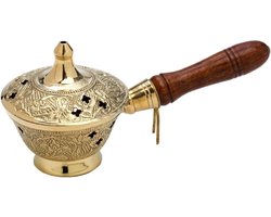 Rookpannetjes met houten handvat voor wierook rookwerk rookmix rookvat messing goud massief handwerk decoratie esoterie