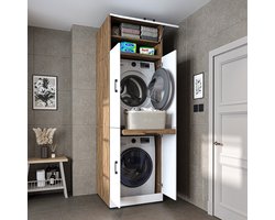 Roomart DORA-I Wasmachine Ombouwkast 70x230 cm met Opzetkast - Wit Eiken