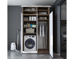 Roomart DORA-II Wasmachine Ombouwkast 130x230 cm met Opzetkast - Wit Eiken