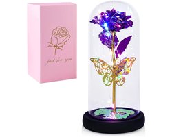 Roos in Glas met LED - Roos in Glazen Stolp met Warme Lichten - Paars Roos in glas - Roos in Glas Stolp Rose Kunstroos - Glazen - Lichte Voet - Met doos - Voor Valentijnsdag, Moederdag, Jubileum - Voor Verjaardag, Moeder, Vrouw, Vriendin - 21.5x11CM