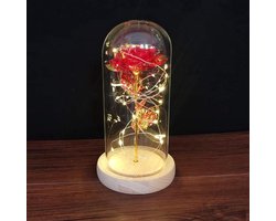 Roos in glazen stolp met LED - Gouden - Kunstbloem- Moederdag- cadeau- Geschenk - Verjaardag -Huwelijk - Rood