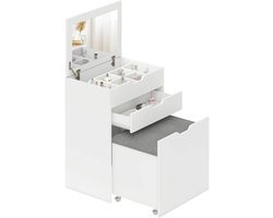Roossentials kaptafel - Make-up tafel - Inklapbare spiegel - Met lade - 7 compartimenten - Verborgen gewatteerde kruk met opbergruimte - Wit