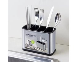 Roostervrij keukenbestekorganizer met vier vakken, geschikt voor keuken en eetkamer, afdruiprek voor keukenorganisatie, houder voor keukengerei, afdruiprek voor lepels, roestvrijstalen bestekbak met vakken, inzetbare bestekhouder voor thuis.