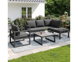Rope tuinmeubelset, tuin loungeset, hoekbank met gegalvaniseerd ijzeren frame, verstelbare poten, inclusief alle zit- en rugkussens, grijs