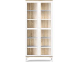 Rosa vitrinekast met onderstel wit en eiken decor.