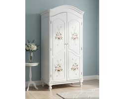 RosaBelle Vintage Kledingkast 193x87x57 cm – Handbeschilderd Rozenpatroon – Landelijke Brocante Kast met Kledingstang – Oud Wit / Ecru - House&Garden