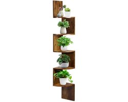 RosaBloom Landelijke Hoekwandplank - 5 Niveaus - Zwevende Boekenkast & Plantenplank - Houtlook Wandmeubel - Vintage Bruin - 20x20x124,5 cm