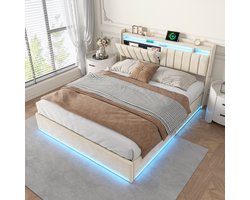 ROSAHANSA Gestoffeerd bed 140x200cm, Eenpersoonsbed met oplaadfunctie, LED-verlichting, Volwassene Bed, Opbergbed, Continentaal bed, Beige fluwelen stof
