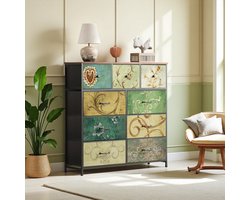 Rosahqnda Commode met 9 stoffen lades, vintage commode, kast met vier lagen, kaptafel voor de slaapkamer, bijzettafel voor de woonkamer, metalen frame, 100x30x100cm