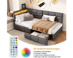 Rosahqnda Gestoffeerde slaapbank van 90x200 cm - met ledverlichting en USB-poort - met 2 lades - eenpersoonsbed - tienerbed - ladebed - grijs - linnen stof