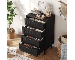 ROSAHQNDA Ladekast 4 Lades – Rotan Dressoir – 95 cm Hoog – Geschikt voor woonkamers, slaapkamers – Zwart