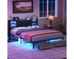 ROSAHQNDA Modern gestoffeerd bed met lades, LED-verlichting, PU-leren frame van ijzer met USB-oplaadpoort, 160 x 200 cm, exclusief matras, (verzonden in 2 pakketten)