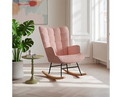 ROSAHQNDA Schommelstoel - Relaxstoel babykamer - Fauteuil met kussen- Schommelstoel met hoge rug - Massief houten en metalen frame - Roze