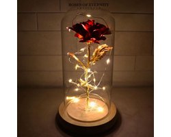 Roses of Eternity - Gouden roos in glazen stolp met LED - Cadeau voor vrouw, (beste) vriendin, haar - Valentijn - Moederdag - Huwelijk - Eeuwige Roos - Romantisch Liefdes -Rode Roos in glas