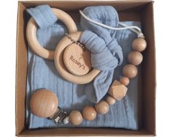 Rosey’s® Baby Giftset Baby Blue – Kraamcadeau Jongen – Bijtring, Speenkoord & Knuffeldoekje – Baby Cadeau Set 0 Jaar – Babyshower / Geboorte Geschenk