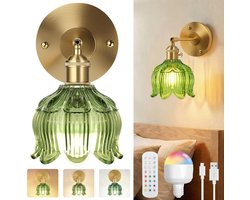 Rosnek 1 Stuk Retro Wandlamp Groen - Lelietje-van-dalen Glas - Draadloos & Oplaadbaar - Dimbaar met Afstandsbediening - Bloemen Lamp met Afstandsbediening - voor Slaapkamer - Woonkamer