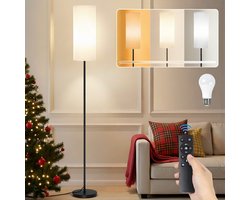 Rosnek 12W Staande Lamp Woonkamer met Afstandsbediening, E27 Lamp, Moderne Dimbare LED Vloerlamp, 3 Kleurtemperaturen, Linnen Lampenkap, Voetschakelaar, Staande Lamp Dimbaar - Leslamp voor Slaapkamer Kantoor