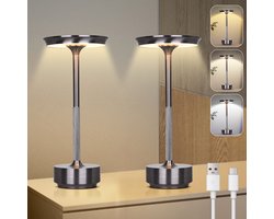Rosnek 2 stuks Grijze Draadloze Tafellamp Oplaadbare met Touch Dimbaar - Geheugenfunctie - 3 Kleurtemperaturen - 28 cm Aluminium Bureaulamp Industrieel voor Thuis, Kantoor of Camping