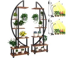 Rosnek 2 stuks Metal Plantenrek Binnen Met 6 lagen en Groeilampen - Bloemenstandaard Halvemaan Vorm met Wieltjes - Verstelbaar - Voor Balkon Huiskamer Slaapkamer