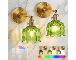 Rosnek 2 Stuks Retro Wandlamp Groen - Lelietje-van-dalen Glas - Draadloos & Oplaadbaar - Dimbaar met Afstandsbediening - Bloemen Lamp met Afstandsbediening - voor Slaapkamer - Woonkamer