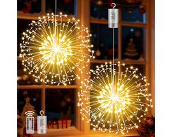 Rosnek 200 LEDs Hangende Vuurwerk Verlichting - Dimbaar met Afstandsbediening - Warm Wit - Sterrenregen Lamp Op Batterijen - 8 Modus & Timer - Vormbare Koperdraad Sfeerverlichting voor Binnen en Buiten, Kerst en Feesten