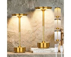 Rosnek 2x Oplaadbare Tafellampen Goud - Messing Look - Draadloos & Dimbaar - Horeca Kwaliteit - Waterdicht - LED Tafelverlichting - Set van 2