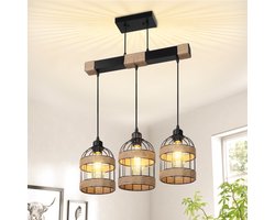 Rosnek Boho Rotan Hanglamp met 3 Lampen - Handgemaakte Industriele Kroonluchter Voor Eetkamer, Woonkamer En Slaapkamer - Mini Kroonluchter met Handgemaakte Kooi - Zwarte LED Verlichting