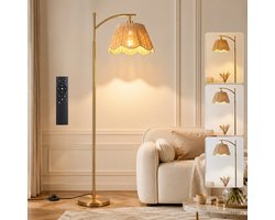 Rosnek Boho Vloerlamp Handgeweven - Rotan Look Staande Lamp met Afstandsbediening - Dimbaar 9W Slimme LED & Timer - Geheugenfunctie - Gevlochten Lampenkap - Voetschakelaar - Bohemian Japandi Interieur - voor Woonkamer Slaapkamer - Goud - 170 cm