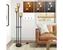 Rosnek Boho Vloerlamp met 3 Verlichtingen - Metalen Staande Lamp met Rotan Kappen (175 cm) en Plank - Incl. 3 Dimbare LED-lampen voor Woonkamer Slaapkamer - Voetschakelaar - Zwart