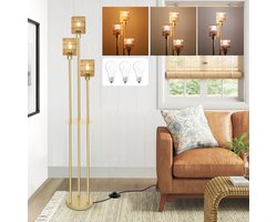 Rosnek Boho Vloerlamp met 3 Verlichtingen - Metalen Staande Lamp met Rotan Kappen (175 cm) en Plank - Incl. 3 Dimbare LED-lampen voor Woonkamer Slaapkamer - Voetschakelaar - Goud