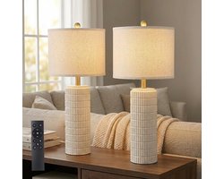 Rosnek Bureaulamp LED Set van 2 met Afstandsbediening - 3 Kleurtemperaturen LED Bureaulampje Dimbear met Linnen Kappen & Keramische Voet - Moderne Lamp voor Slaapkamer, Woonkamer, Leesruimte en, Incl. E27 Lampen