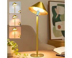 Rosnek Decoratieve Tafellamp met Kap - 3 Kleuren Touch Bediening - 360° Magnetisch Draaibaar Design, 4000 mAh Dimbare LED Tafellamp, Oplaadbare Industriële Slaapkamer/Woonkamer Lamp voor Binnen & Buiten(Goud)