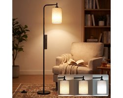 Rosnek Dimbare Vloerlamp Zwart - Staande Lamp met Afstandsbediening en Timer - Leeslamp en Sfeerlamp met Linnen Lampenkap - Woonkamerlamp voor Slaapkamer, Kantoor en Leeshoek - Modern