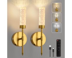 Rosnek Draadloze LED Wandlamp met Afstandsbediening - USB Oplaadbare Batterij Wandlamp - 3 Kleuren Dimbare Hal Slaapkamer Lamp in Goud - 2 Stuks