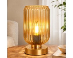 Rosnek Draadloze Tafellamp Mid-Century - Touch Dimbaar - Oplaadbare Bedlamp met Amber Glas - Vintage Nachtlamp 7500mAh - Sfeerlamp - Slaapkamer Woonkamer - Set van 1