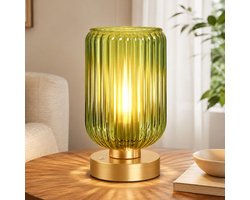 Rosnek Draadloze Tafellamp Mid-Century - Touch Dimbaar - Oplaadbare Bedlamp met Groen Glas - Vintage Nachtlamp 7500mAh - Sfeerlamp - Slaapkamer Woonkamer - Set van 1