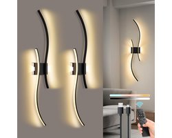 Rosnek Draadloze Wandlamp Oplaadbaar – Instelbare Kleurtemperatuur & Helderheid, Afstandsbediening met USB-C - 15-55 uur Werking – Moderne LED Muurlamp met Dubbele Zijverlichting, Timer en Touch Bediening – Zwart Aluminium Design -2-pak (Bol)