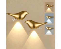 Rosnek Draadloze Wandlamp Vogel 2 Stuks - Goud Oplaadbare Muurlampen Binnen Zonder Boren - Magnetisch & Dimbaar - met bewegingssensor - Touch bediening lamp - 3 Lichtkleuren - Set Wanddecoratie Slaapkamer