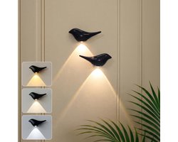 Rosnek Draadloze Wandlamp Vogel 4 Stuks - Zwart Oplaadbare Muurlampen Binnen Zonder Boren - met bewegingssensor - Sfeerverlichting & Touch Dimmer - 3 Kleuren - Trapverlichting