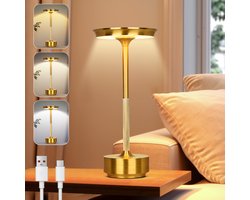 Rosnek Gouden Draadloze Tafellamp Oplaadbare met Touch Dimbaar - Geheugenfunctie - 3 Kleurtemperaturen - 28 cm Aluminium Bureaulamp Industrieel voor Thuis, Kantoor of Camping