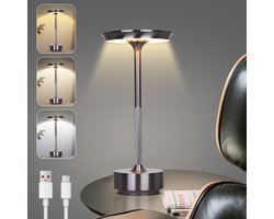 Rosnek Grijze Draadloze Tafellamp Oplaadbare met Touch Dimbaar - Geheugenfunctie - 3 Kleurtemperaturen - 28 cm Aluminium Bureaulamp Industrieel voor Thuis, Kantoor of Camping