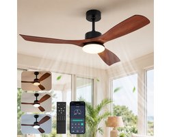 Rosnek Grote Plafondventilator met Verlichting Hout - 132cm Stille Ventilator Lamp - LED Dimbaar met App Bediening - Zomer en Winterstand - Woonkamer