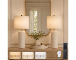 Rosnek Hotel Chique Tafellampen Set van 2 – Keramische & Oogvriendelijke Stoffen Lampenkap - Lamp voor Bijzettafel – Sfeerverlichting voor Hal & Logeerkamer – Klassiek Modern Design – Zachte Lichtspreiding – met Afstandsbediening - Dimbaar